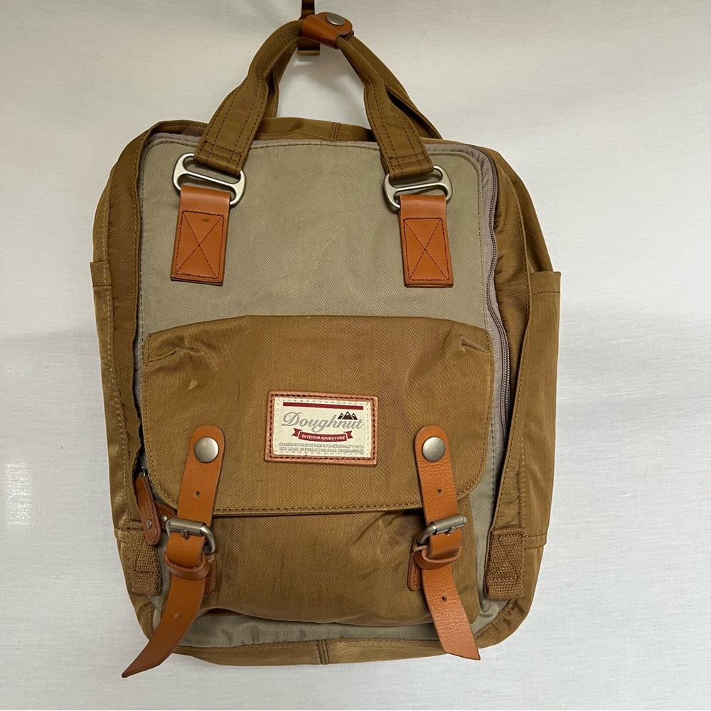 Doughnut Brown and Tan Vintage Like Backpack with Leather Accents